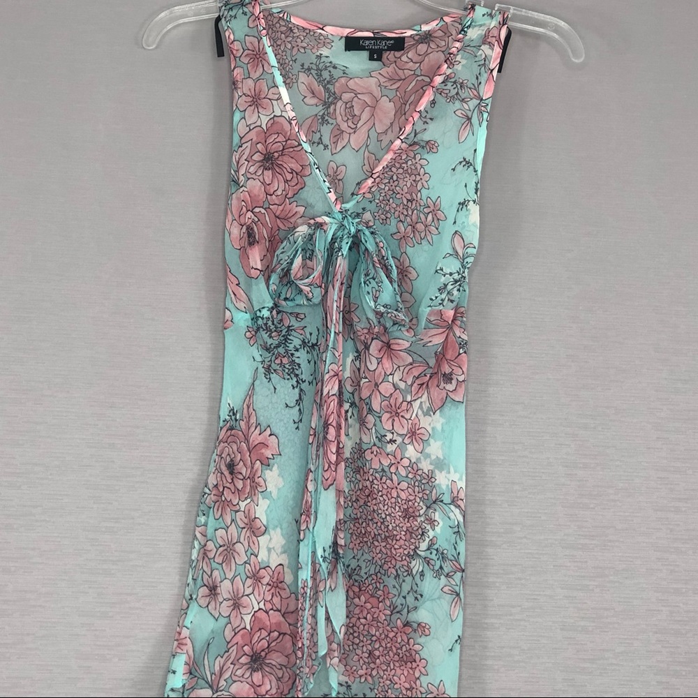 Karen Kane Sheer Floral Print Sleeveless Top Blue and Pink. SZ SM